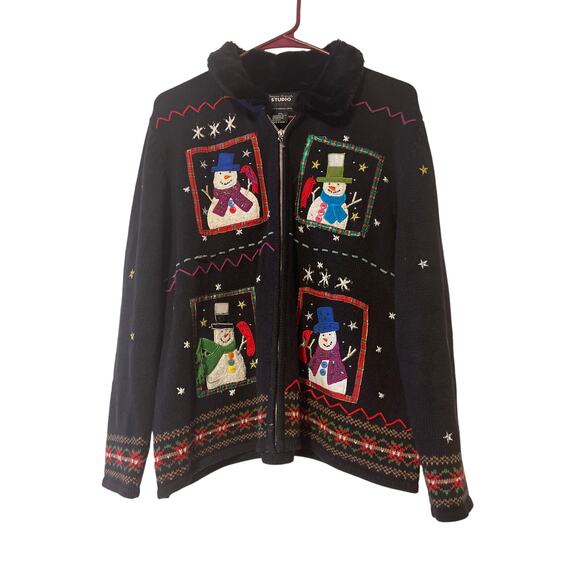 Designer Originals Joy Black PXL Sweater Coat Snowman Fur Collar Zip Front - Picture 1 of 8